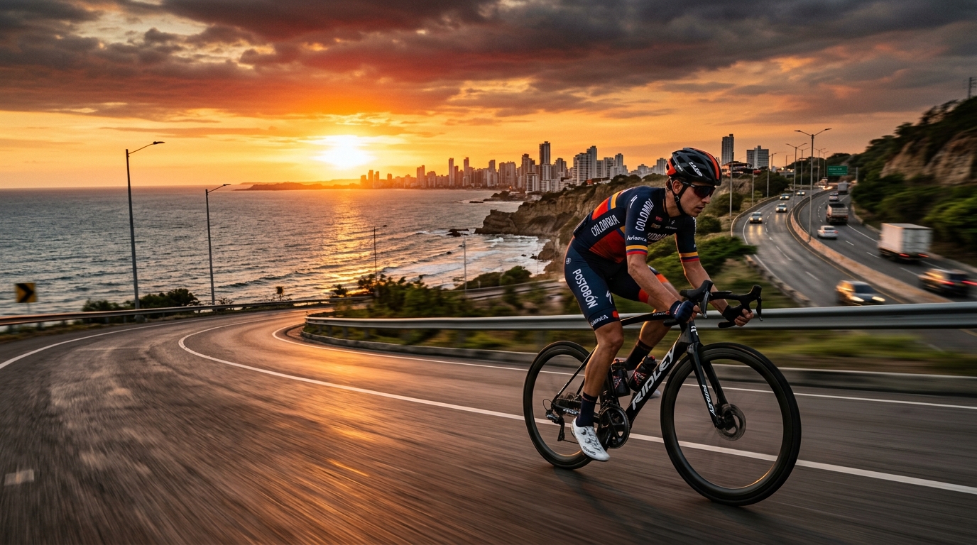 Ciclista de ruta profesional en la Vía al Mar al atardecer en Barranquilla