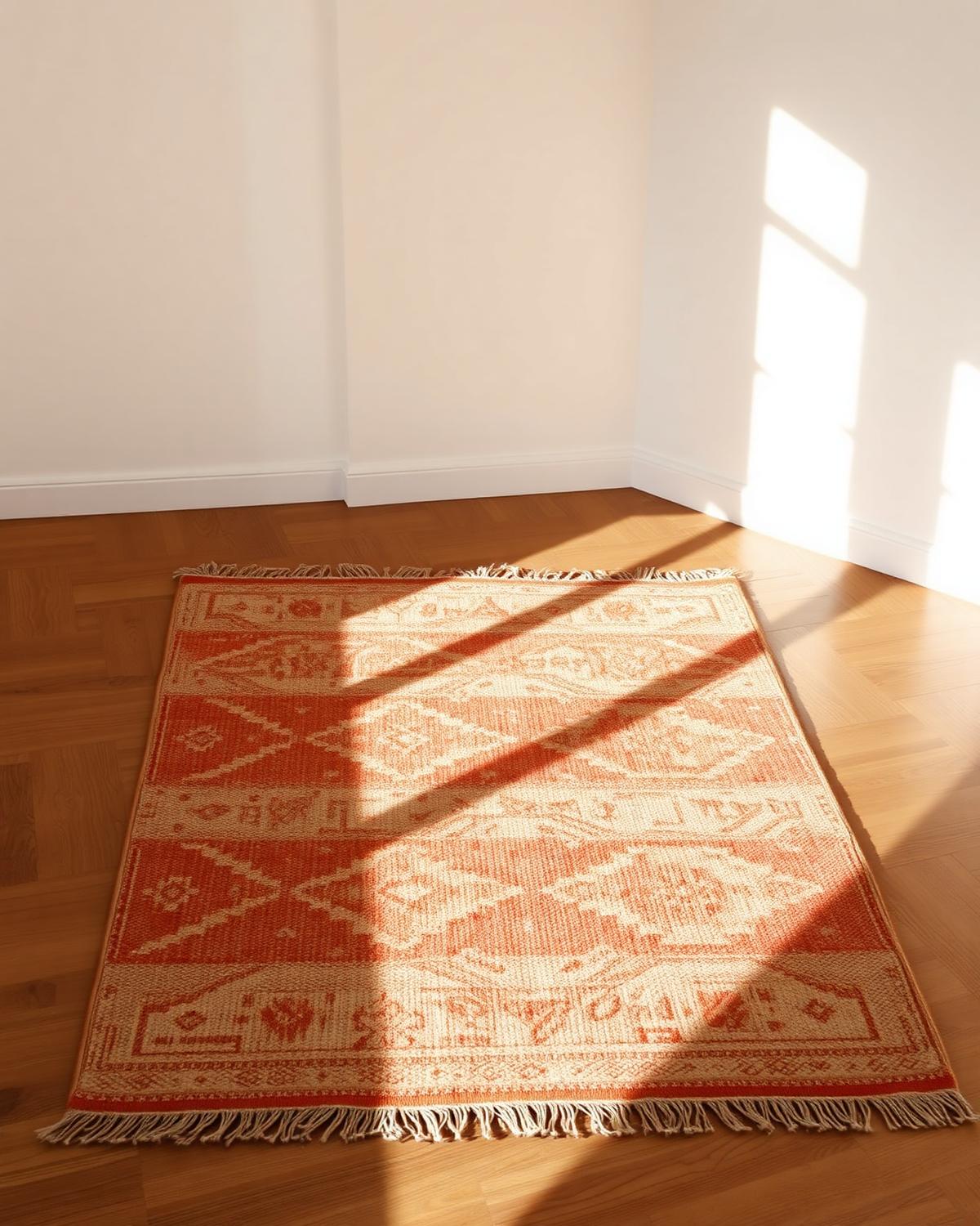 Alfombra turca anudada a mano sobre piso de madera cálida