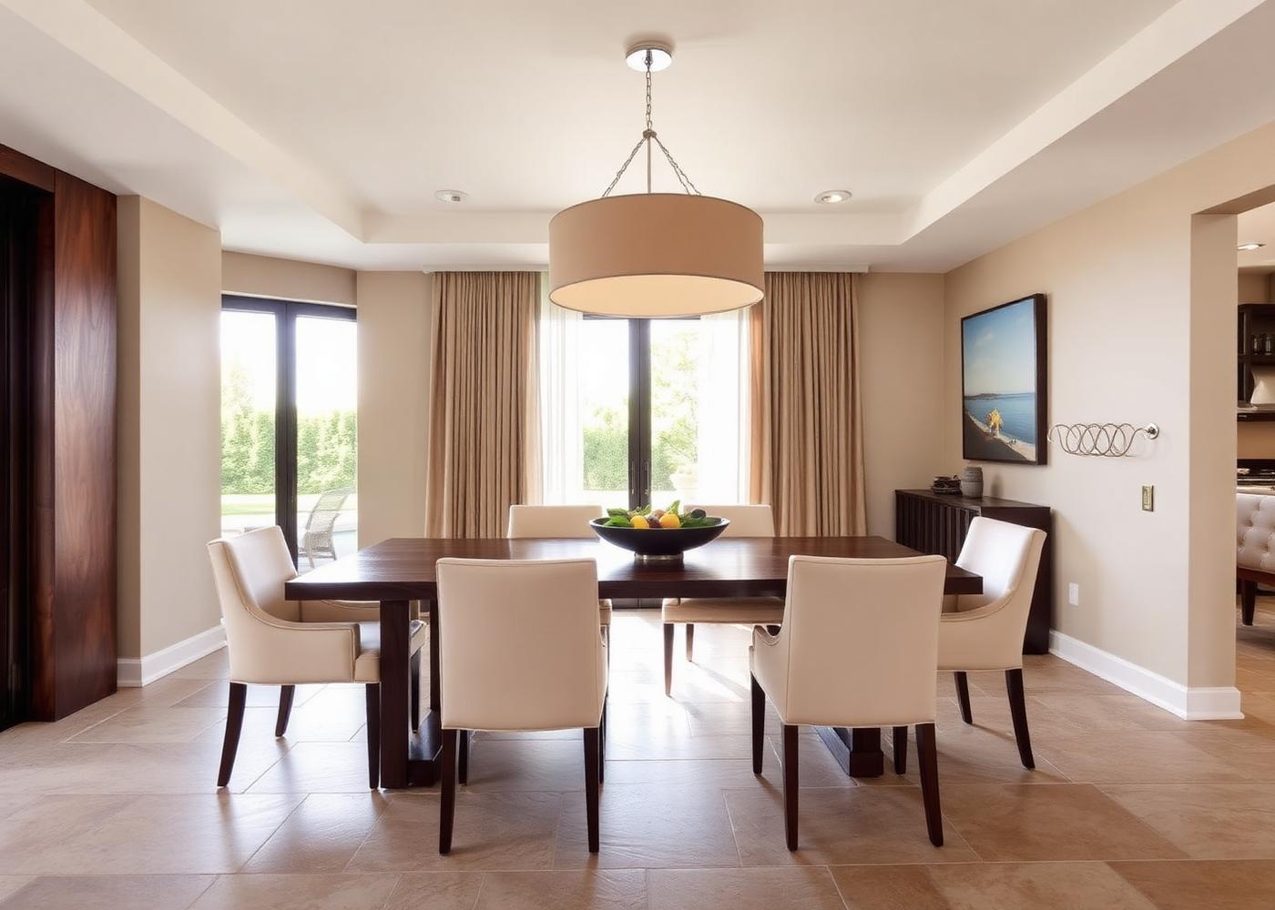 Comedor contemporáneo con mesa de madera oscura y lámpara de lino