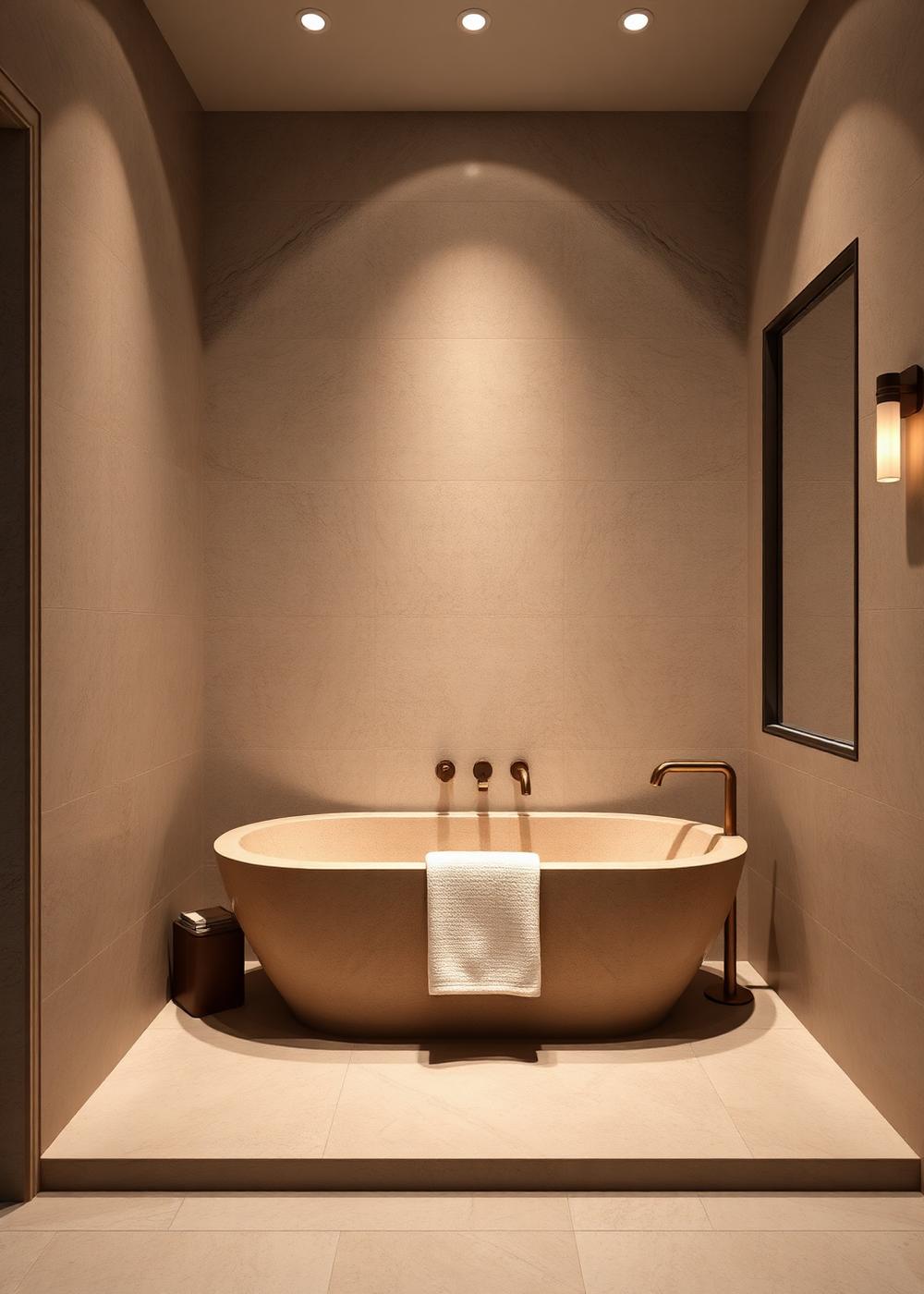 Baño principal en travertino con bañera de piedra y grifería en bronce