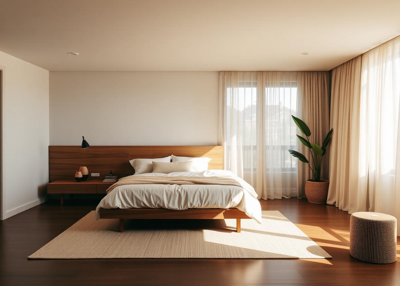 Habitación principal en tonos neutros con cabecero de madera y cortinas velo