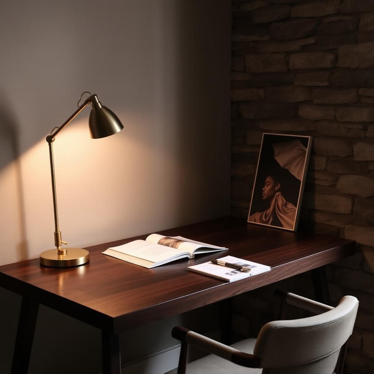 Estudio en casa con escritorio de madera oscura y lámpara de bronce