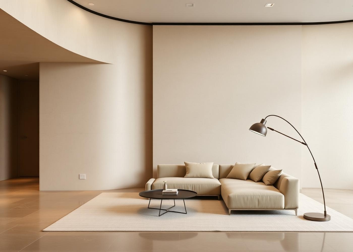 Sala contemporánea con muro curvo y mobiliario de diseño, proyecto de diseño de interiores en Barranquilla