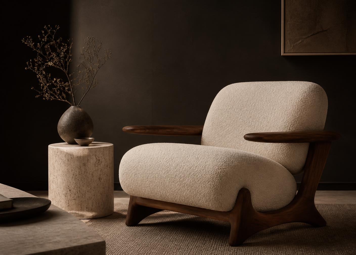 Silla lounge escultórica en cuero caramelo dentro de un showroom de mobiliario