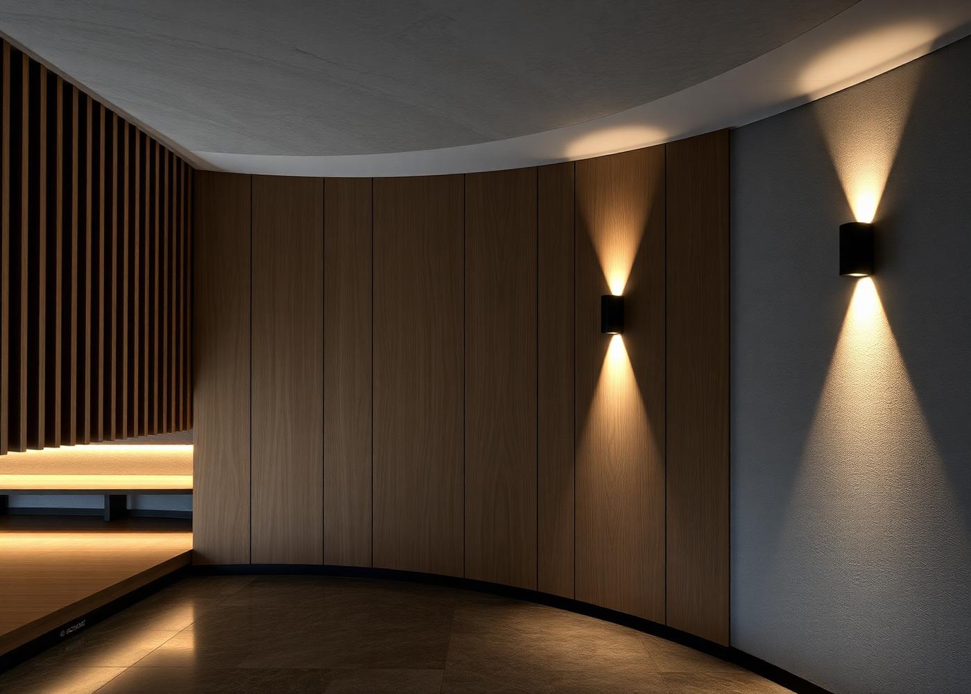 Pared en listones de madera con iluminación arquitectónica cálida